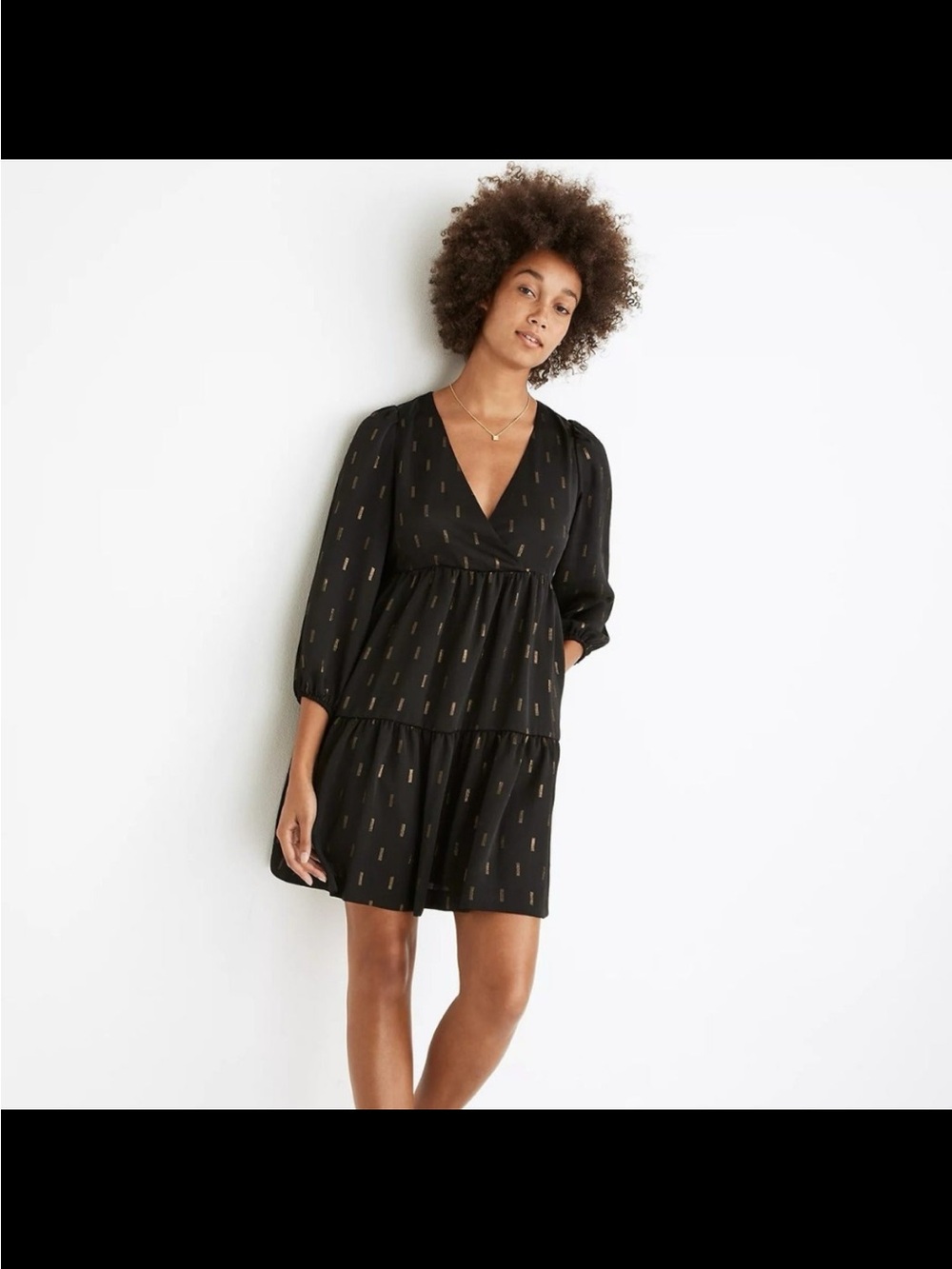 Madewell Metallic Jacquard Faux-Wrap Tiered Mini Dress Black Gold M